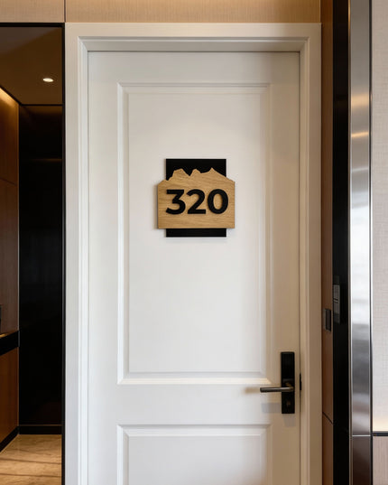 Minimalist Alpine Design door number plaque by ALUMADESIGNCO combining birch wood and black acrylic numbers, modern Scandinavian signage solution for hotel corridors, apartments, offices, and Airbnb rentals