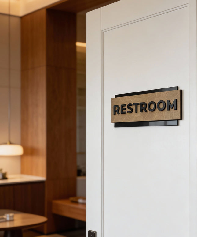 ALUMADESIGNCO modern office door sign with birch wood base and black acrylic lettering, custom plaque for offices, hotels, apartments, and contemporary interiors