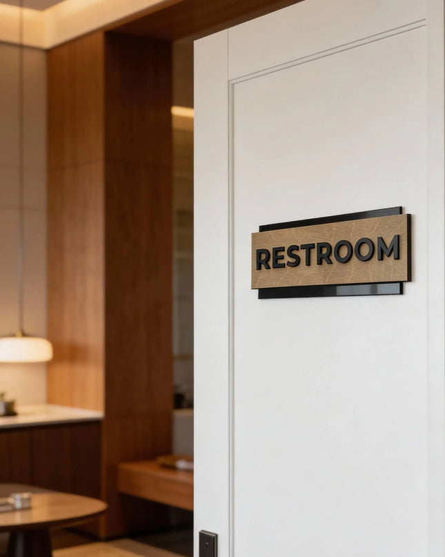 ALUMADESIGNCO modern office door sign with birch wood base and black acrylic lettering, custom plaque for offices, hotels, apartments, and contemporary interiors