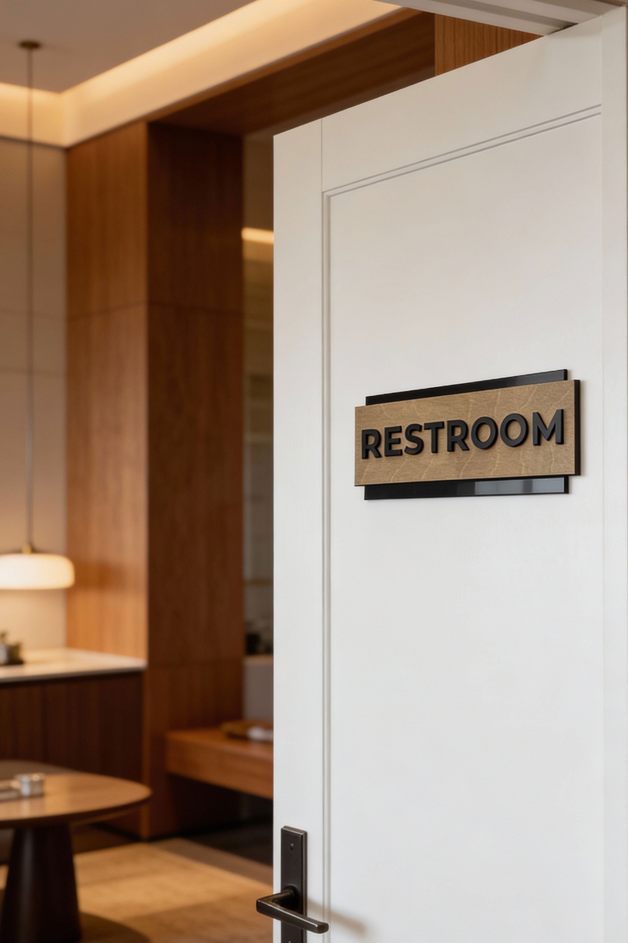 ALUMADESIGNCO modern office door sign with birch wood base and black acrylic lettering, custom plaque for offices, hotels, apartments, and contemporary interiors