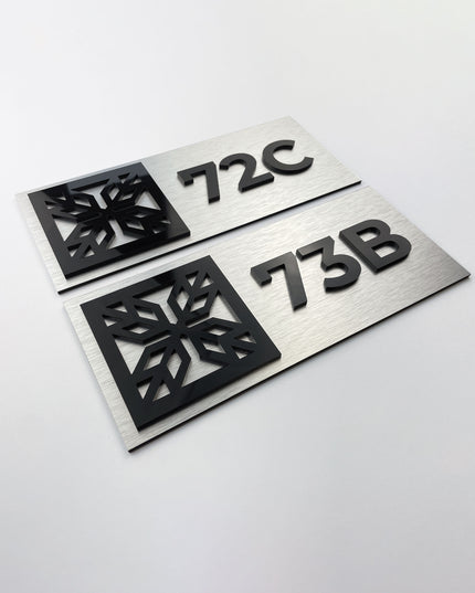 Premium brushed silver suite room number sign by ALUMADESIGNCO featuring acrylic glass numbers, modern door signage for hotels, offices, and apartments