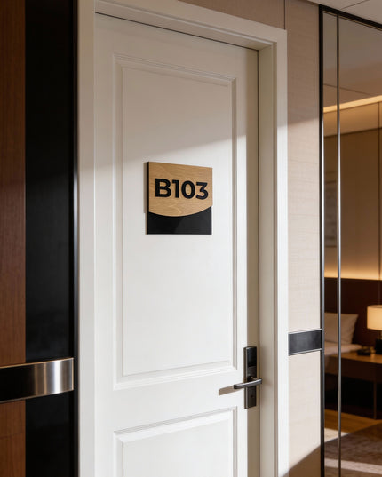 ALUMADESIGNCO wood and acrylic hotel room number plaque Flow Design, stylish modern signage for hotels, Airbnb properties, and offices