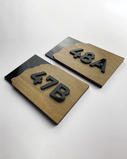 Premium Fusion Design apartment number plaque by ALUMADESIGNCO featuring acrylic and wood materials, modern door signage for apartments, hotels, and offices