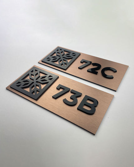 Premium brushed bronze hotel room number sign Mosaic Design by ALUMADESIGNCO featuring acrylic numbers, modern door signage for hotels, offices, and apartments