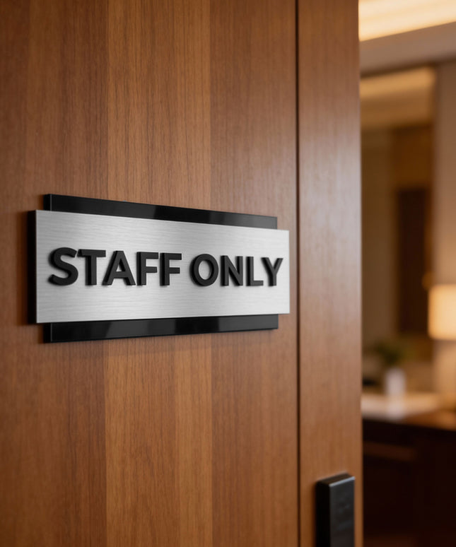 ALUMADESIGNCO elegant custom door sign with brushed silver metal plaque and black acrylic text, staff only office restroom signage for hotels, offices, and commercial interiors