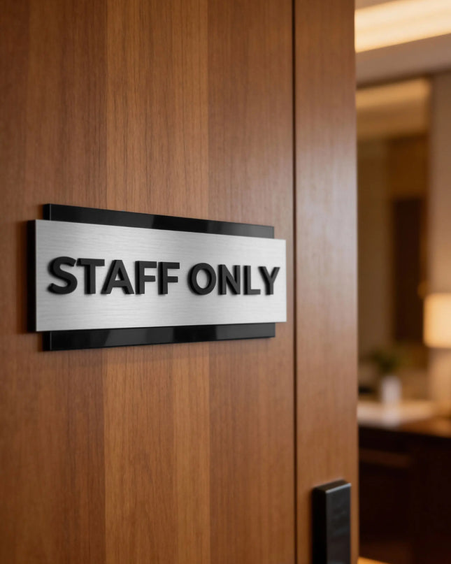 ALUMADESIGNCO elegant custom door sign with brushed silver metal plaque and black acrylic text, staff only office restroom signage for hotels, offices, and commercial interiors