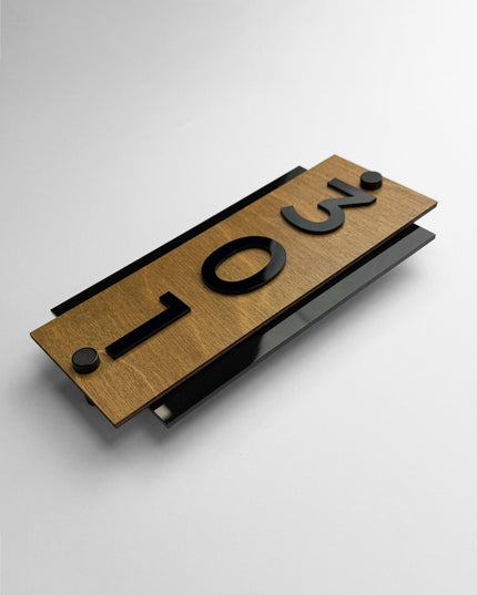 ALUMADESIGNCO vertical wood and acrylic hotel room number plaque with steel standoff hardware and raised black acrylic numbers, modern signage solution for hotels and offices