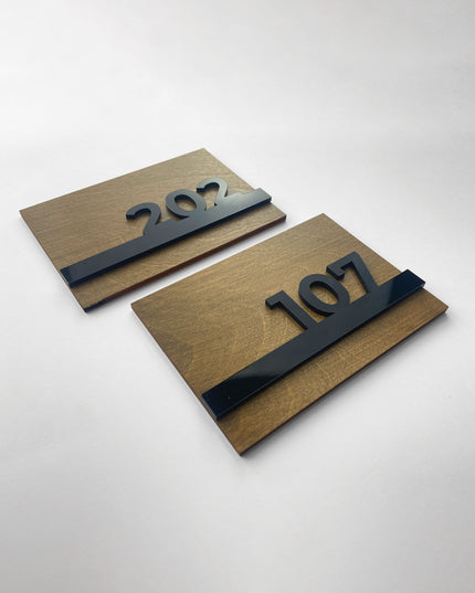 ALUMADESIGNCO Horizon wood apartment door number sign with glossy black acrylic numbers, premium modern signage for apartments and contemporary interiors