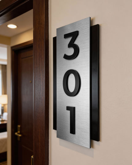 ALUMADESIGNCO vertical brushed silver room number plaque with raised acrylic numbers, modern door signage for boutique hotels and residential interiors