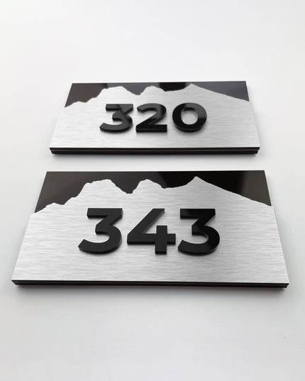 ALUMADESIGNCO Alpine 3D layered hotel room number sign with raised acrylic numbers, premium modern signage for hotels, Airbnb properties, and offices