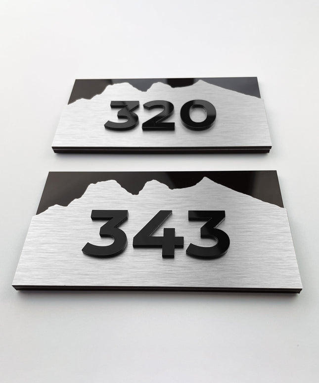 ALUMADESIGNCO Alpine 3D layered hotel room number sign with raised acrylic numbers, premium modern signage for hotels, Airbnb properties, and offices