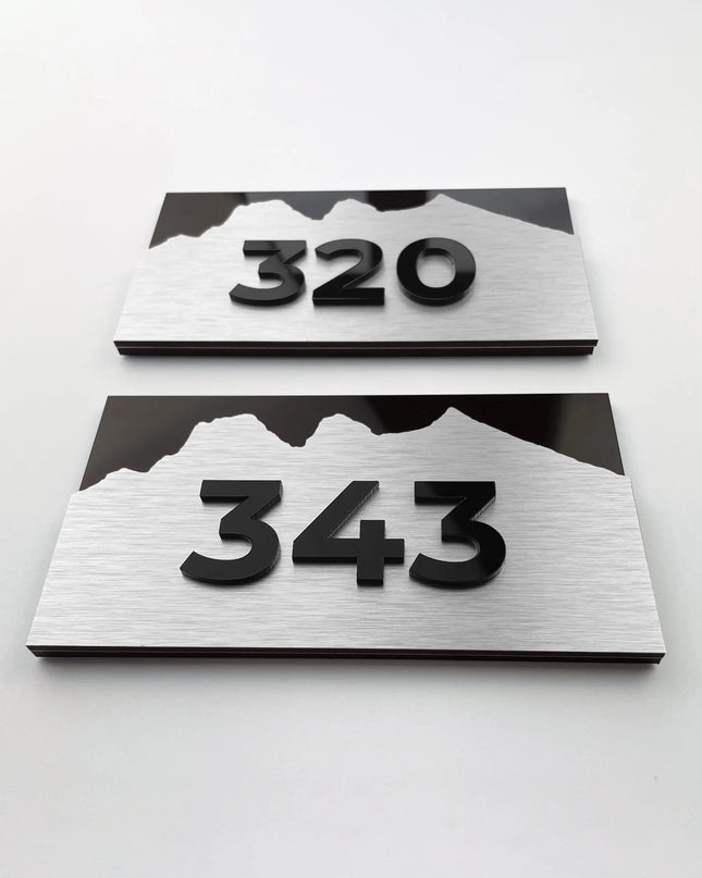 ALUMADESIGNCO Alpine 3D layered hotel room number sign with raised acrylic numbers, premium modern signage for hotels, Airbnb properties, and offices