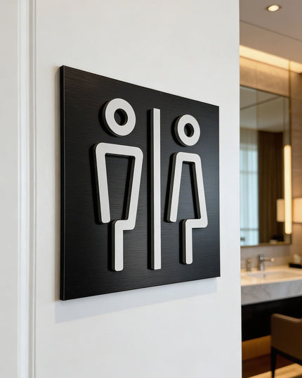 ALUMADESIGNCO women and men restroom sign for doors, premium bathroom wayfinding signage for offices, hotels, apartments, and commercial spaces