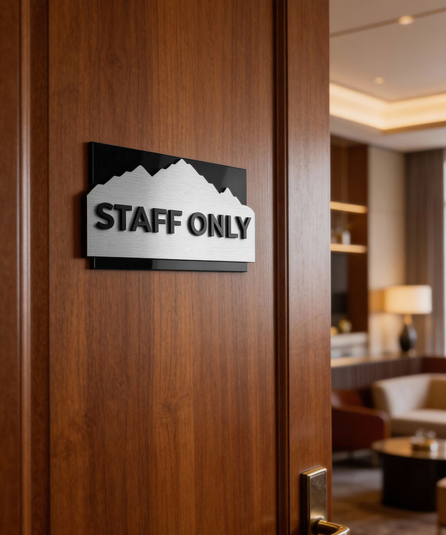 ALUMADESIGNCO Alpine Design 3D layered custom office door signage with raised acrylic text, modern signage for offices, meeting rooms, and interior spaces