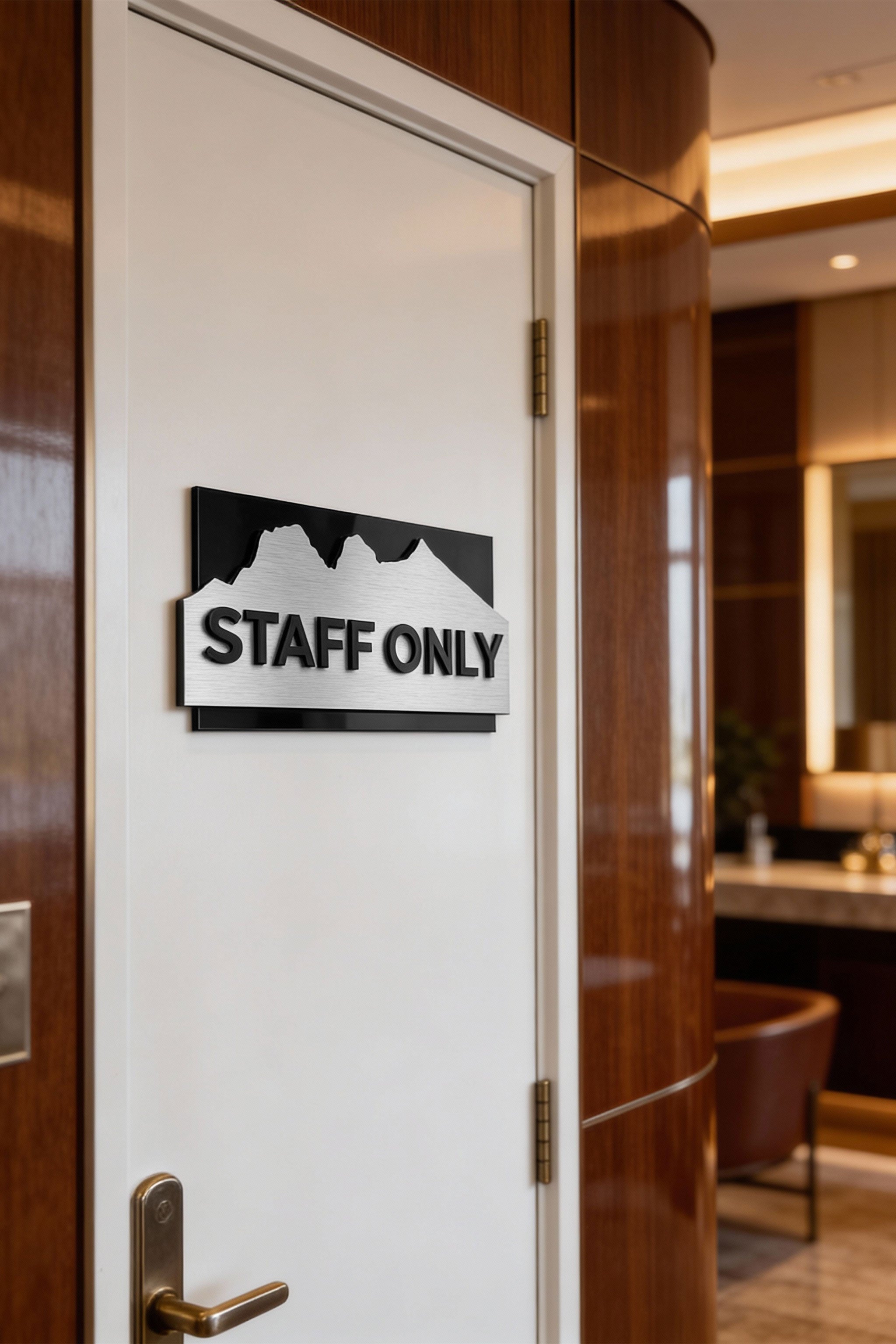 Modern Alpine Design custom hotel door sign by ALUMADESIGNCO combining wood or metal base and acrylic text, elegant signage for office doors, restrooms, and hotel facilities