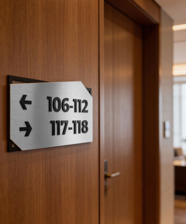 ALUMADESIGNCO personalized wall directional wayfinding sign in Modern Design, premium signage for offices, hotels, apartments, and contemporary interiors