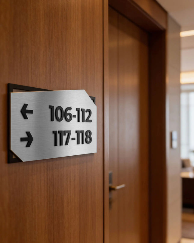ALUMADESIGNCO personalized wall directional wayfinding sign in Modern Design, premium signage for offices, hotels, apartments, and contemporary interiors