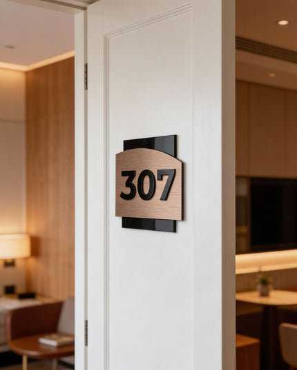 ALUMADESIGNCO luxury bronze room number sign with minimalist modern design, premium signage for boutique hotels and apartment buildings