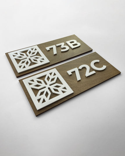ALUMADESIGNCO birch wood suite number plaque with white acrylic glass numbers, stylish door signage for hotels, Airbnb properties, and apartments
