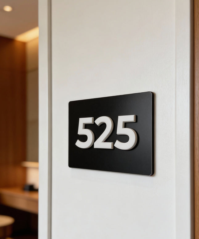 ALUMADESIGNCO custom room number sign with black metal plaque and white acrylic numbers, modern door signage for hotels, apartments, Airbnb properties, and offices