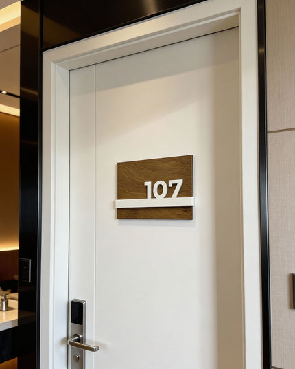 Modern Horizon Design wooden room number sign by ALUMADESIGNCO with natural wood panel and raised glossy white acrylic numbers, stylish door signage for contemporary interiors
