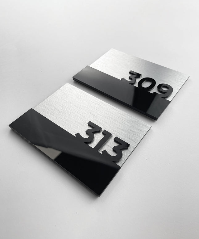Elegant silver metal and black acrylic hotel room number sign by ALUMADESIGNCO, premium door plaque for hotel corridors and contemporary interiors