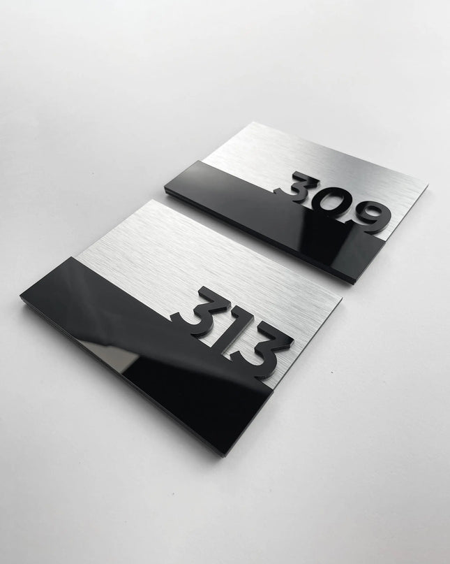 Elegant silver metal and black acrylic hotel room number sign by ALUMADESIGNCO, premium door plaque for hotel corridors and contemporary interiors