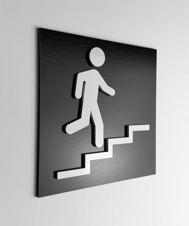 ALUMADESIGNCO stair sign up right with modern directional arrow, premium wayfinding signage for offices, hotels, apartments, and commercial interiors