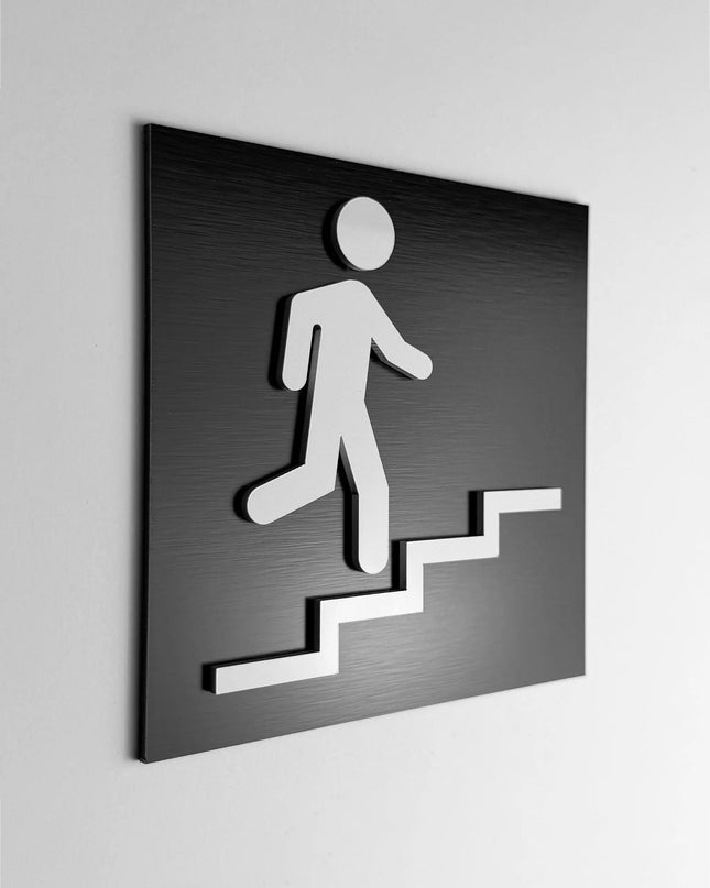ALUMADESIGNCO stair sign up right with modern directional arrow, premium wayfinding signage for offices, hotels, apartments, and commercial interiors