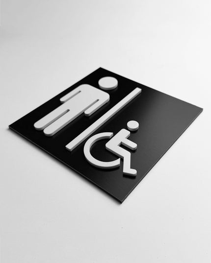 Modern men’s and accessible bathroom sign by ALUMADESIGNCO featuring male and wheelchair symbols, elegant restroom signage for hotels, cafés, offices, and public interiors