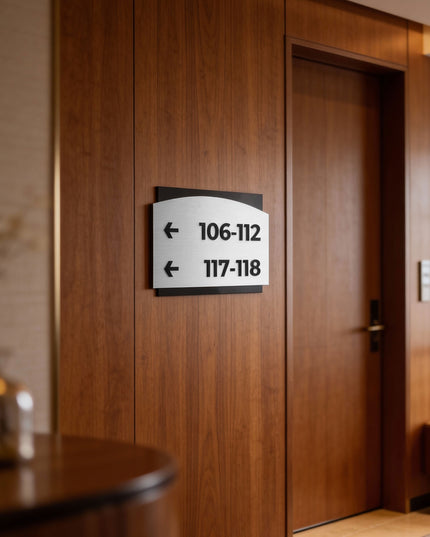 ALUMADESIGNCO Flow Design directional wayfinding sign with modern acrylic text, premium signage for offices, hotels, apartments, and contemporary interior spaces