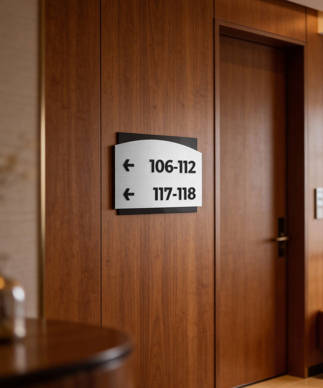 ALUMADESIGNCO Flow Design directional wayfinding sign with modern acrylic text, premium signage for offices, hotels, apartments, and contemporary interior spaces