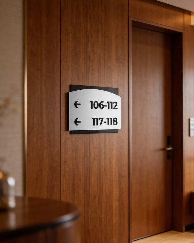 ALUMADESIGNCO Flow Design directional wayfinding sign with modern acrylic text, premium signage for offices, hotels, apartments, and contemporary interior spaces