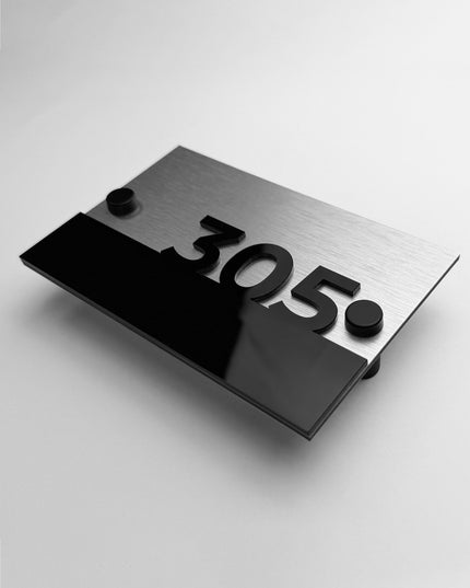 ALUMADESIGNCO silver standoff wall number sign with 3D acrylic numbers Horizon Design, modern hotel door number plaque for boutique hotels and residential units