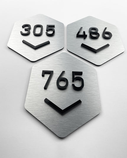 ALUMADESIGNCO Hexagon brushed silver door number plaque with black acrylic numbers, modern geometric signage for hotels, offices, and residential interiors