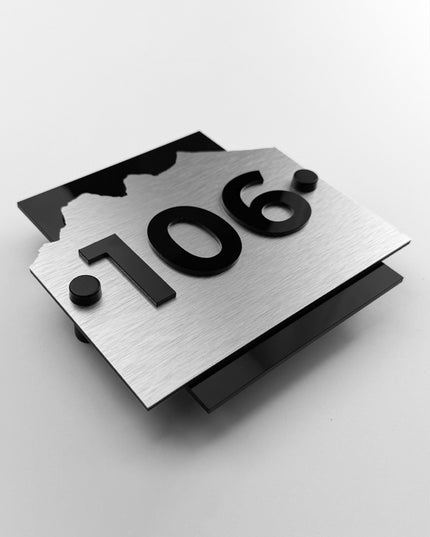 ALUMADESIGNCO Alpine Design brushed silver and acrylic hotel room sign with standoff mounting hardware, modern door number plaque for boutique hotels, apartments, and offices