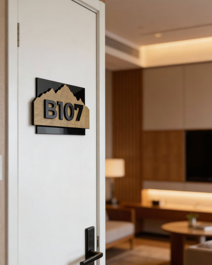 ALUMADESIGNCO Alpine Design wood and acrylic hotel door number sign with raised black acrylic characters on birch plywood, Scandinavian style room number plaque for hotels, offices, and apartments
