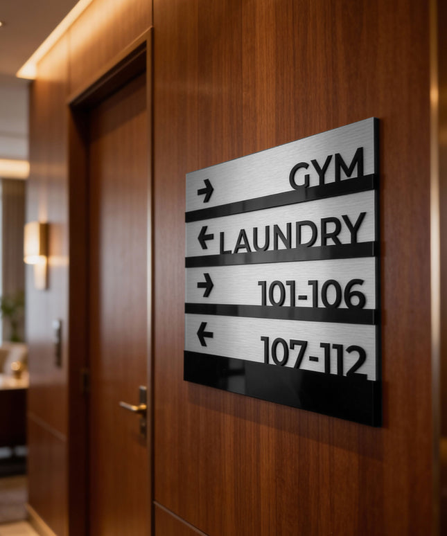 Modern premium wayfinding wall sign by ALUMADESIGNCO, elegant directional plaque for hotels, offices, apartment buildings, and contemporary interiors