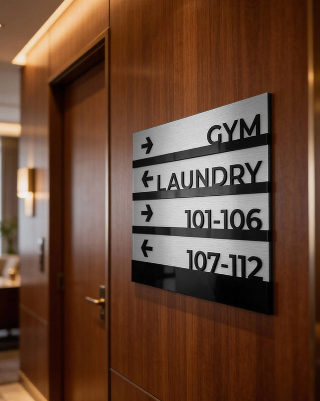 Modern premium wayfinding wall sign by ALUMADESIGNCO, elegant directional plaque for hotels, offices, apartment buildings, and contemporary interiors