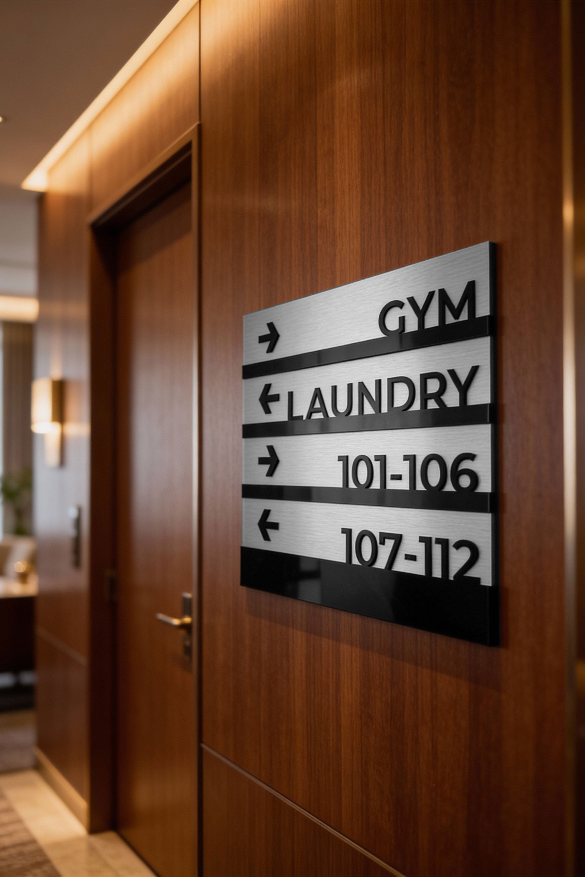 Modern premium wayfinding wall sign by ALUMADESIGNCO, elegant directional plaque for hotels, offices, apartment buildings, and contemporary interiors