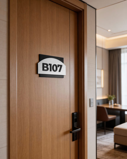 Brushed silver apartment door number plaque with black acrylic glass numbers Flow Design by ALUMADESIGNCO, modern door signage for apartments and interiors