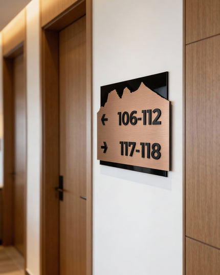 ALUMADESIGNCO Alpine Design directional way sign with brushed bronze plaque and acrylic text, premium wayfinding signage for offices, hotels, apartments, and contemporary interiors