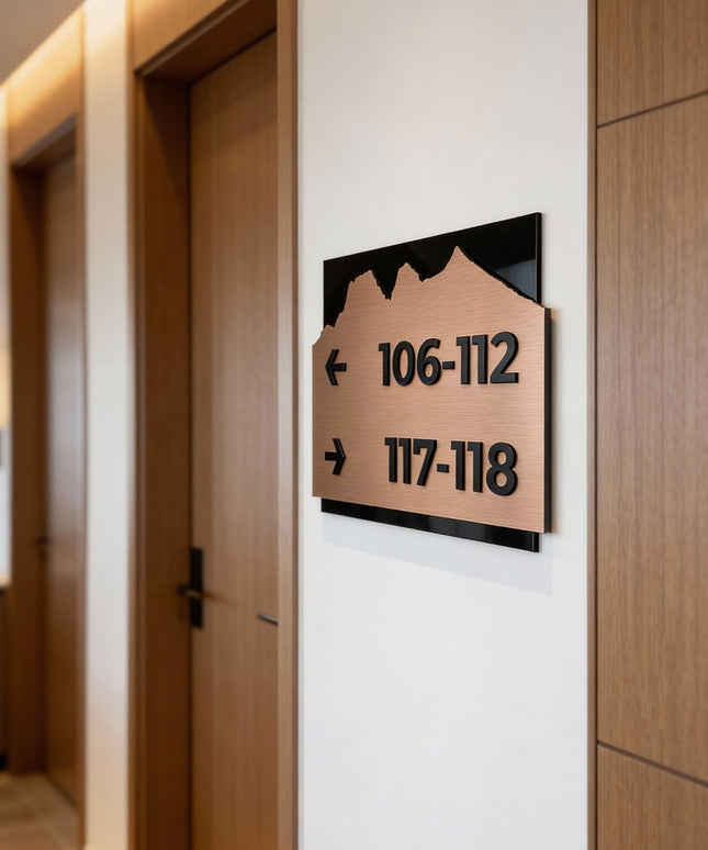 ALUMADESIGNCO Alpine Design directional way sign with brushed bronze plaque and acrylic text, premium wayfinding signage for offices, hotels, apartments, and contemporary interiors