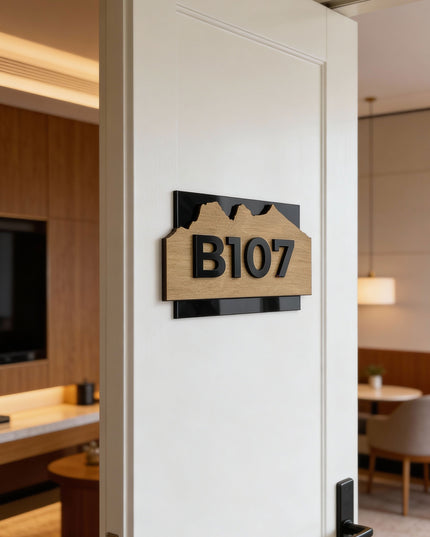 ALUMADESIGNCO Alpine Design hotel room number sign made from birch plywood and black acrylic glass numbers, modern wood and acrylic door signage for hotels and apartments