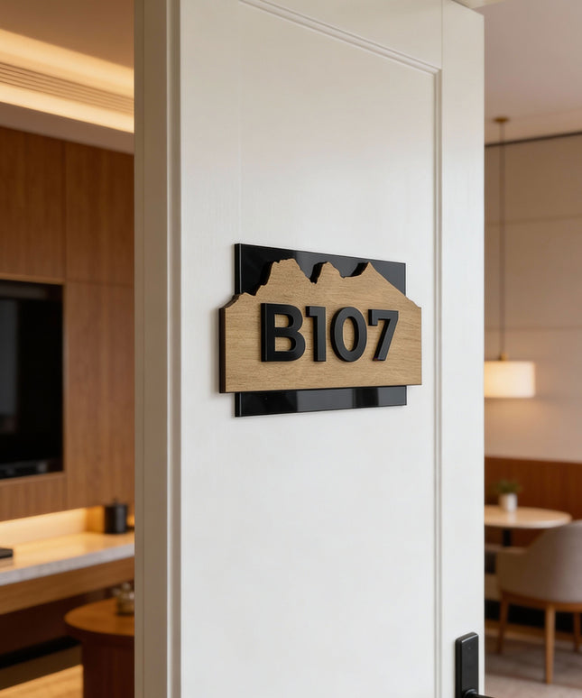 ALUMADESIGNCO Alpine Design hotel room number sign made from birch plywood and black acrylic glass numbers, modern wood and acrylic door signage for hotels and apartments