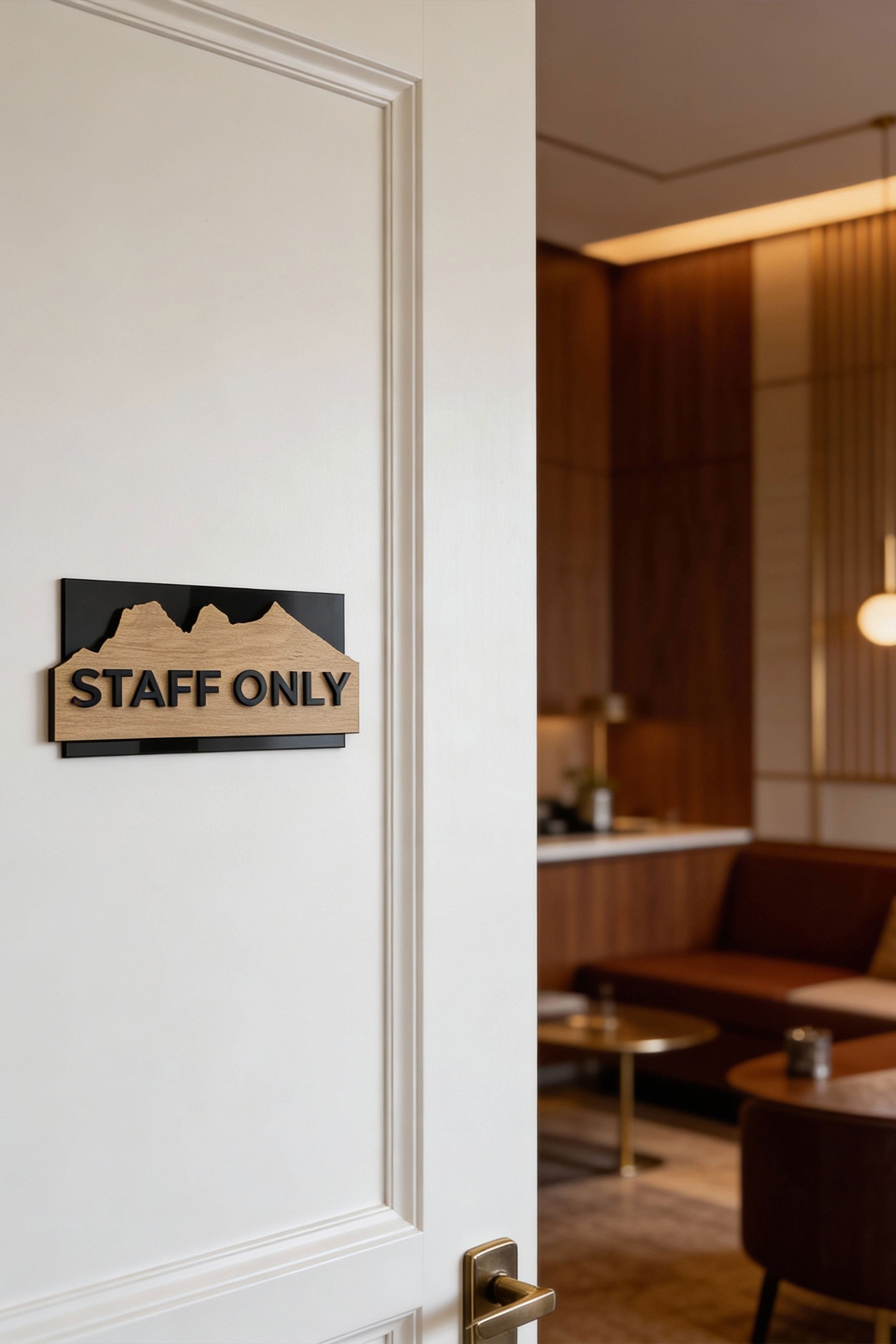 ALUMADESIGNCO custom birch wood and black acrylic door sign with elegant minimalist design, premium signage for offices, apartments, and hotels