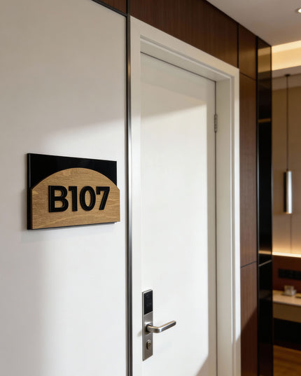 ALUMADESIGNCO Flow Design birch plywood room number sign with black acrylic glass numbers, modern wood door signage for hotels, apartments, and Airbnb interiors