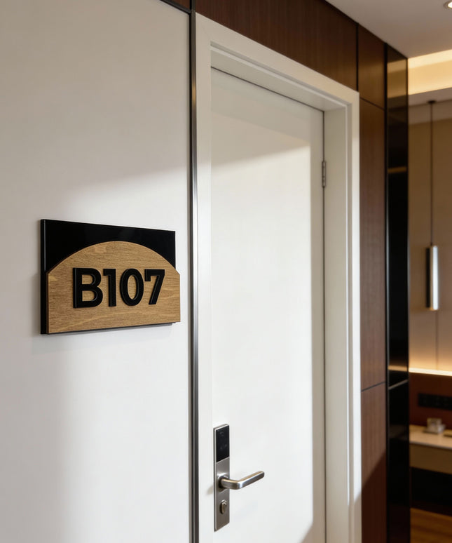ALUMADESIGNCO Flow Design birch plywood room number sign with black acrylic glass numbers, modern wood door signage for hotels, apartments, and Airbnb interiors