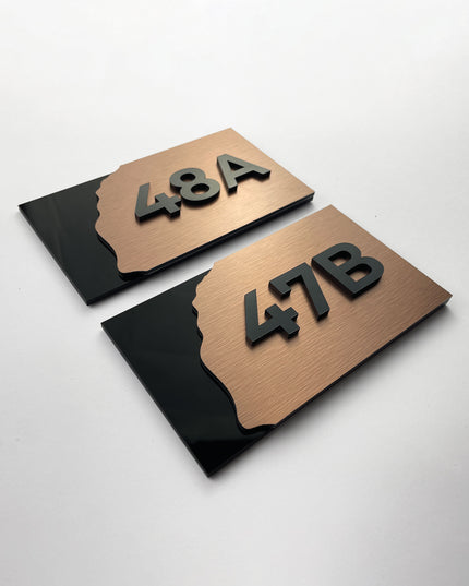 ALUMADESIGNCO Fusion Design interior room number sign with wood and acrylic numbers, modern door signage for hotels, apartments, Airbnb properties, and offices