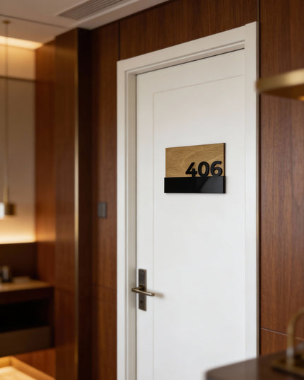 ALUMADESIGNCO Horizon custom wood door number plaque with 3D glossy black acrylic numbers, modern signage for hotels, offices, and residential interiors